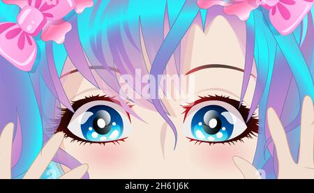 Cute girl with blue hair and blue eyes in anime style. Stock Vector