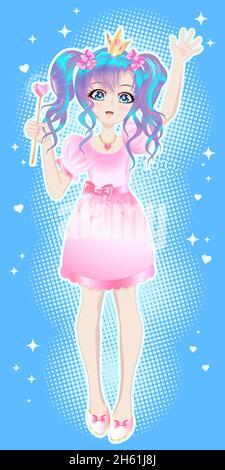 Girl in a princess crown, in a pink dress with a magic wand in the style of anime, manga. Stock Vector