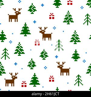 Winter Christmas vector seamless pattern. New Years pixel background with reindeer, tree, snow and gift. For greeting cards, gift wrapping paper, wall Stock Vector