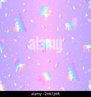 Rainbow seamless pattern with unicorns, hearts, crowns and stars on a holographic background. Stock Vector