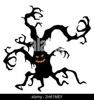 A terrible tree with eyes and branches in the form of hands. Vector illustration in cartoon style. Stock Vector