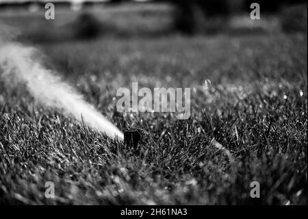 winterizing a irrigation sprinkler system by blowing pressurized air through to clear out water Stock Photo