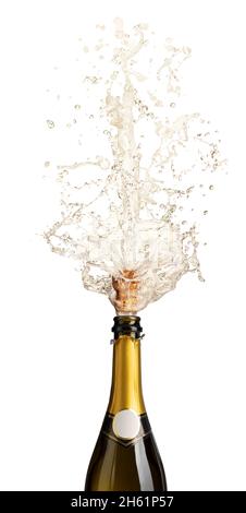 bottle of champagne uncorking with splashes and cork in motion. isolated on white. celebration concept. Stock Photo