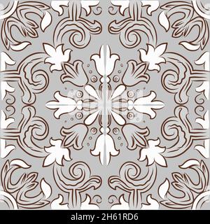 Floral hand drawn portuguese azulejos. Vector seamless patterns Grey abstract background for web backdrop, print, pillows, surface texture, wallpaper. Stock Vector