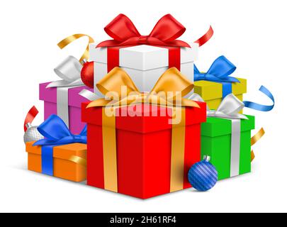 Bunch of colorful gift boxes, with Christmas tree balls, and ribbons, isolated on a white background. Holiday present boxes vector illustration. Stock Vector