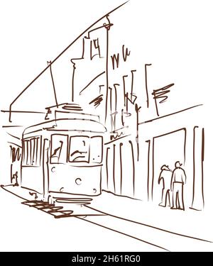 Old tramway in Lisbon - vector illustration. Lisbon city tram outline sketch. Stock Vector