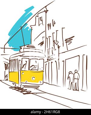 Old tramway in Lisbon driving through curve - vector illustration. Lisbon coloured city tram outline sketch. Stock Vector