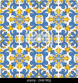 Floral hand drawn portuguese azulejos. Vector seamless patterns Grey abstract background for web backdrop, print, pillows, surface texture, wallpaper. Stock Vector