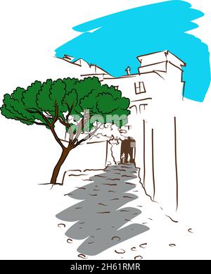 Vintage Castle in Lisbon. Hand drawn graphic landscape. Engraved hand drawn old sketch. Stone citadel with path. Stock Vector