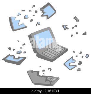 Computer screen devices broken, cracked and smashed into pieces, cartoon design element set, isolated color vector, horizontal Stock Vector