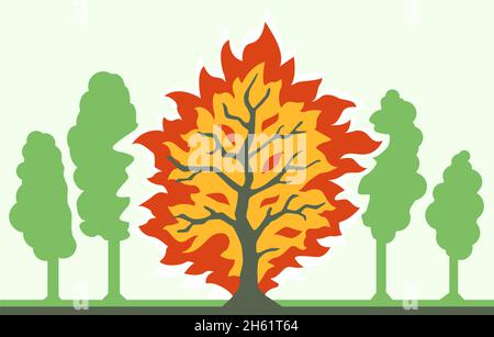 Single burning tree between others cartoon color vector illustration, horizontal Stock Vector