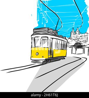 A typical tram 28 in Alfama district. LISBON, PORTUGAL. The 28 line is one of the most used by tourists. Hand drawn vector sketch. Stock Vector