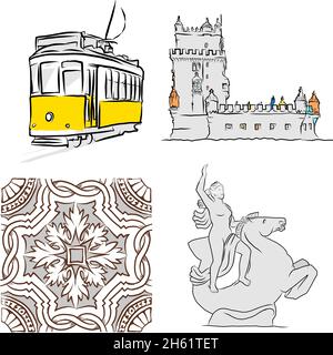 set of Lisbon drawings. hand drawn vector sketches from Lisboa. Tram, Belem tower, statue and pattern. Stock Vector