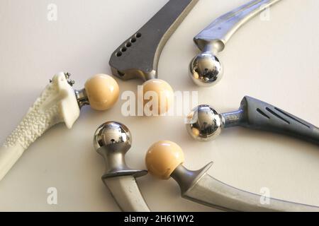 Viersen, Germany - June 9. 2021: Closeup of group different implant parts for orthopedic artificial hip joint replacement surgery Stock Photo