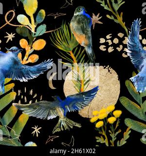 Trendy seamless pattern with watercolor hand-drawn birds, plants and golden elements. Artistic natural background on the black backdrop. Stock Photo