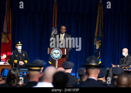 Arlington, United States of America. 08 January, 2021. U.S Secretary of Defense Lloyd Austin III speaks during a memorial for police officer Cpl. George Gonzalez at the Pentagon November 4, 2021 in Arlington, Virginia. Gonzalez was killed in the line of duty during an attack at the Pentagon Metro station.  Credit: SSgt. Jack Sanders/DOD photo/Alamy Live News Stock Photo