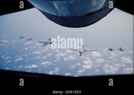 Red Sea, Saudi Arabia. 11th Nov, 2021. U.S. Air Force B1-B Lancer strategic bombers, fly alongside an escort of Royal Saudi Air Force F-15C Eagle fighter aircraft, left, and American F-16 Fighting Falcons fighter jets as they position to refuel over the Red Sea November 11, 2021 in Saudi Arabia. Credit: TSgt. Christopher Ruano/Planetpix/Alamy Live News Credit: Planetpix/Alamy Live News Stock Photo