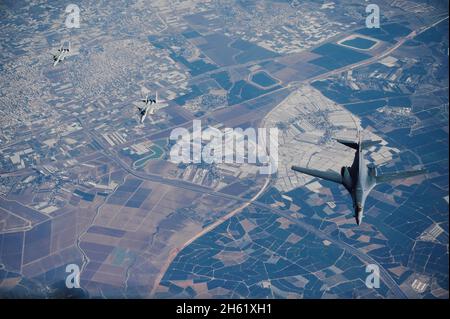 Red Sea, Israel. 11th Nov, 2021. U.S. Air Force B1-B Lancer strategic bombers, fly a Bomber Task Force mission alongside an escort of Israeli Air Force F-15I Eagle fighter aircraft November 11, 2021 over the Red Sea. Credit: TSgt. Christopher Ruano/Planetpix/Alamy Live News Credit: Planetpix/Alamy Live News Stock Photo