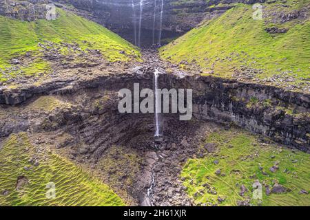Aerial view of the Fossa Waterfall on island Bordoy in the Faroe ...