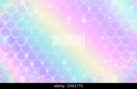 Mermaid rainbow scales. Fantasy holographic background in sparkling stars and bubbles for design. Vector illustration for children. Stock Vector