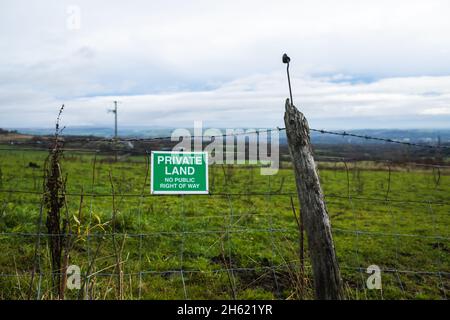 private land sign on old barbed wire fence Stock Photo