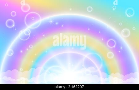 Fantasy background of magical blue sky with white clouds, rainbow and sparkling stars. Vector illustration, background for children. Stock Vector