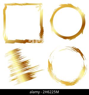 Set of gold frames made of brush strokes. Square and round frames on a red background. Vector image. Stock Vector