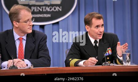 Deputy Assistant Secretary of Defense for Media Operations Navy Capt. John Kirby speaks during a press briefing with Acting Assistant Secretary of Defense for Public Affairs George E. Little at the Pentagon June 12, 2012. Kirby and Little fielded questions from reporters about Syria, sequestration and relations with Pakistan. Stock Photo
