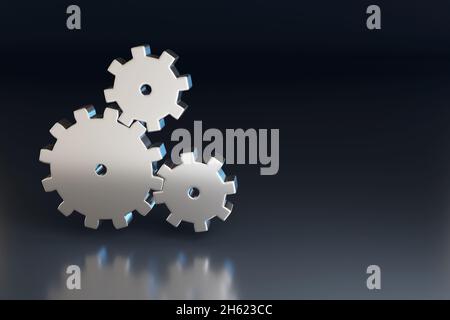 Silver gears isolated on dark background. Work team concept. 3d illustration. Stock Photo