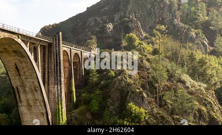 railway viaduct built over a span to save the valley from a river Stock Photo