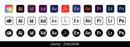 Kiev, Ukraine - November 6, 2021: Logotype set of adobe products. vector. Stock Vector