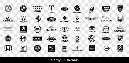 Kiev, UKRAINE - November 9, 2021: Logos collection of different brands of cars, vector on transparent Stock Vector
