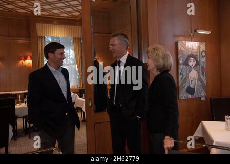 Reportage:  Secretary of Defense Dr. Mark T. Esper meets with NATO Secretary General Jens Stoltenberg and U.S. Ambassador to NATO Kay Bailey Hutchison for dinner, Stuttgart, Germany, Sept. 4, 2019. Stock Photo