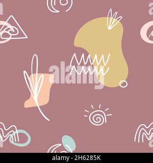 Seamless pattern with abstract hand drawn doodle various shapes, lines, branch, leavers, spots, curves.  Stock Vector