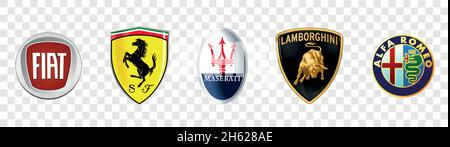 Kiev, Ukraine, 14 November, 2020: Italian Car brands logos collection: Fiat, Maserati, Lamborghini, Ferrari, Alfa Romeo, vector icons Stock Vector