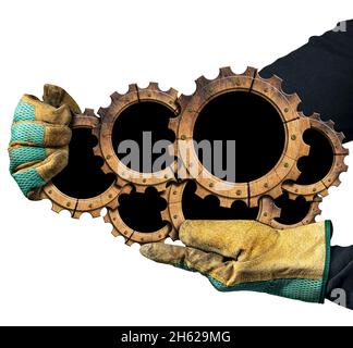 Gloved hands holding a group of seven wooden cogwheels (gears) with copy space, isolated on white background. Lumber industry concept. Stock Photo