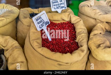 Assortment of herbs and spices close up Ajaccio market France Stock Photo