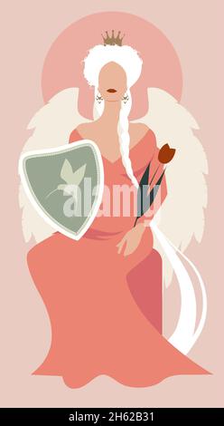 Queen or empress with long braids, and wings sitting on a throne, holding a shield and tulip flower Stock Vector