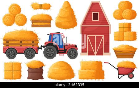 Farm hay making, hayloft, straw barn and agricultural tractor. Dried hay in wooden box and wheelbarrow, tractor, farm haymow barn vector illustration Stock Vector