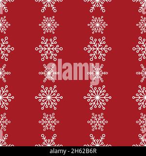 Winter seamless pattern with lines of white snowflakes on red background. New Year backdrop. Vector flat symmetric Christmas ornament for fabric, text Stock Vector