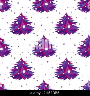 Purple and violet fir-trees with snow on white background. Forest blizzard. seamless winter pattern with spruce. Christmas vector ornament. holiday cr Stock Vector