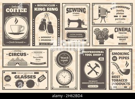 Retro newspaper goods and services old advertising banners. Vintage newspaper ads vector illustration set. Newspaper shops advertisement Stock Vector