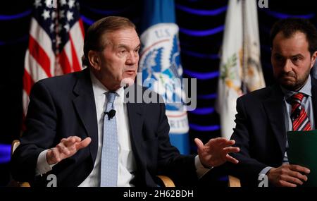 Former Dept. of Homeland Security Secretary Thomas Ridge shares thoughts about his experience with the agency during a panel discussion as DHS marks its 15th anniversary at the Ronald Reagan Building in Washington, D.C., March 1, 2018. Stock Photo