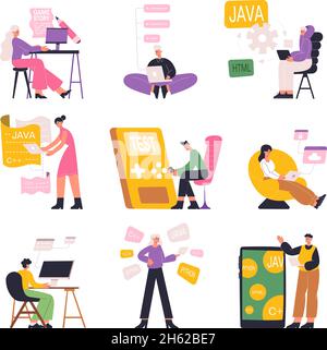 Software developers, game designers, javascript programmers characters. Web developers, software programmers at work vector flat illustration set Stock Vector