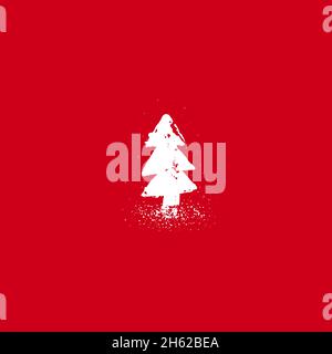 Christmas white painted fir tree with snow on red background. Spruce sign isolated on white background. Vector flat illustration. Winter button. New y Stock Vector