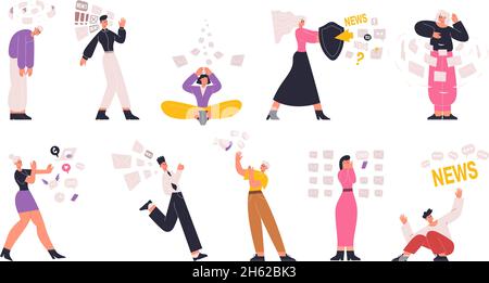 Information, data and social media overload, overwhelmed characters. People overloaded with social media, fake news information vector illustration Stock Vector