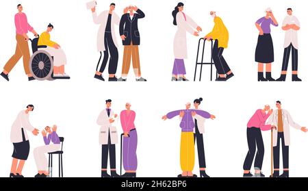 Alzheimer disease, elderly people have dementia symptoms and signs. Senior people suffer from memory loss, disorientation vector illustration set Stock Vector