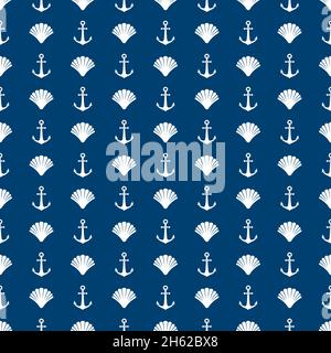 Nautical seamless pattern with shells and anchors on blue background. Ship and boat steering wheel ornament. Marine wallpaper with rudder. Summer vect Stock Vector