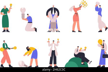 Business people having good ideas and no idea unsuccessful characters. Light bulbs creative ideas metaphor vector flat illustration set. Business idea Stock Vector