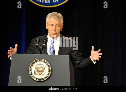 Secretary of Defense Chuck Hagel addresses the audience after he was sworn in as 24th Secretary of Defense during a ceremony in the Pentagon Auditorium,  March 14, 2013.